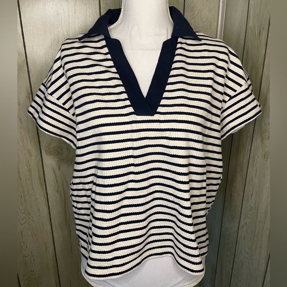NWT Navy Maurices Collared Striped Blouse